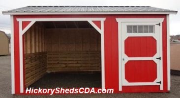 Old Hickory Sheds 10'x16' Animal Shelter Painted Scarlet Red with White Trim and Black Metal Roof Front View