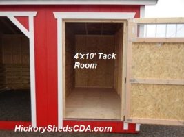 Old Hickory Sheds 10'x16' Animal Shelter Painted Scarlet Red with White Trim and Black Metal Roof Tack Room View