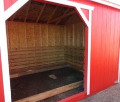Old Hickory Sheds 12'x28' Animal Shelter Painted Scarlet Red with Metal Roof Inside View