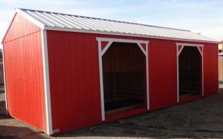 Old Hickory Sheds 12'x28' Animal Shelter Painted Scarlet Red with Metal Roof Front View