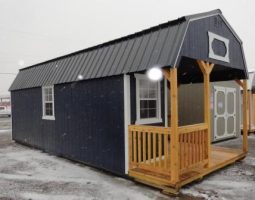 Old Hickory Sheds 12'x28' Deluxe Lofted Porch Painted Smokey Blue with Metal Roof Side View