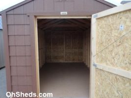 Old Hickory Sheds 8'x12' Economy Shed Painted Brown with Silver Metal Roof Door Open View