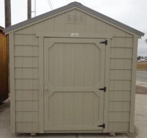 Old Hickory Sheds 8'x12' Economy Utility Shed Painted Beige with Metal Roof Front View