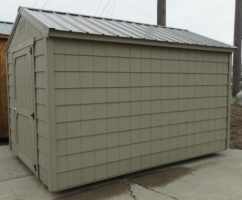 Old Hickory Sheds 8'x12' Economy Utility Shed Painted Beige with Metal Roof Side View