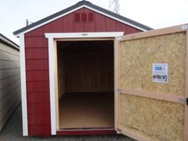 Old Hickory Sheds 8'x12' Economy Utility Shed Painted Red with Metal Roof Door Open View