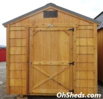 Old Hickory Sheds 8'x12' Economy Utility Shed Stained Honey Gold with Metal Roof Front View