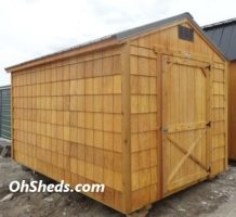 Old Hickory Sheds 8'x12' Economy Utility Shed Stained Honey Gold with Metal Roof Side View
