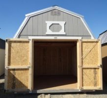 Old Hickory Sheds 10'x12' Lofted Barn Painted Gap Gray with Metal Roof Front View with Doors Open