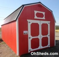 Old Hickory Sheds 12'x24' Lofted Barn Painted Red with Black Metal Roof Door Open View