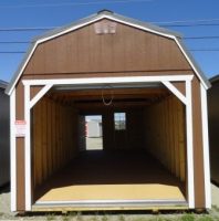 Old Hickory Sheds 12'x24' Lofted Barn Garage Painted Brown with Metal Roof Door View