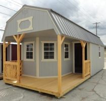 Old Hickory Sheds 12'x28' Lofted Deluxe Porch Painted Gap Gray with Metal Roof Front View