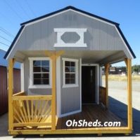 Old Hickory Sheds 12'x28' Lofted Deluxe Porch Painted Gap Gray with Black Metal Roof Front View