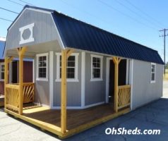 Old Hickory Sheds 12'x28' Lofted Deluxe Porch Painted Gap Gray with Black Metal Roof Side View