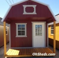Old Hickory Sheds 10'x20' Lofted Front Porch Painted Pinnacle Red with White Metal Roof Front View