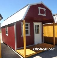 Old Hickory Sheds 10'x20' Lofted Front Porch Painted Pinnacle Red with White Metal Roof Side View