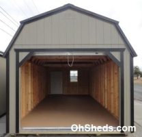 Old Hickory Sheds 12'x24' Lofted Garage Painted Clay with Black Metal Roof Rollup Door Open View