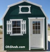 Old Hickory Sheds 10'x16' Lofted Tiny Room/Cabin Painted Hunter Green with White Metal Roof Front View