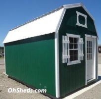 Old Hickory Sheds 10'x16' Lofted Tiny Room/Cabin Painted Hunter Green with White Metal Roof Side View