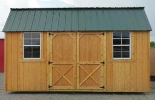 Old Hickory Sheds 10'x16' Side Lofted Barn Stained Honey Gold with Metal Roof Front View