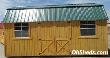 Old Hickory Sheds 10'x20' Side Lofted Barn Stained Honey Gold with Hunter Green Roof Front View