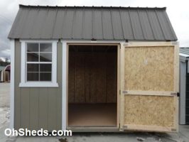 Old Hickory Sheds 8'x12' Side Lofted Barn Painted Clay with Black Metal Roof Door Open View