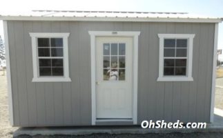 Old Hickory Sheds 10'x16' Side Utility Tiny Room Painted Gap Gray with Charcoal Metal Roof Front View