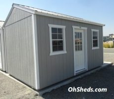 Old Hickory Sheds 10'x16' Side Utility Tiny Room Painted Gap Gray with Charcoal Metal Roof Side View
