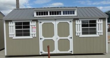 Old Hickory Sheds 10'x20' Side Utility Dormer Painted Shadow Gray with Metal Roof Front View