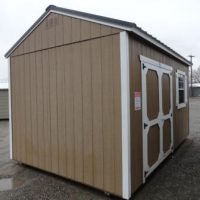 Old Hickory Sheds 10'x16' Side Utility Shed Painted Buckskin with Metal Roof Side View