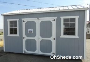Old Hickory Sheds 10'x16' Side Utility Shed Painted Gray Shadow with Silver Metal Roof Front View