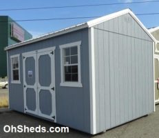 Old Hickory Sheds 10'x16' Side Utility Shed Painted Gray Shadow with Silver Metal Roof Side View