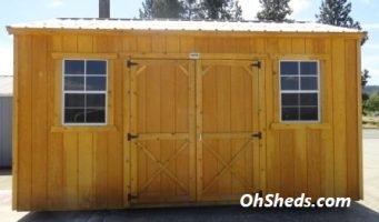 Old Hickory Sheds 10'x16' Side Utility Shed Stained Honey Gold with Burnished Slate Metal Roof Front View