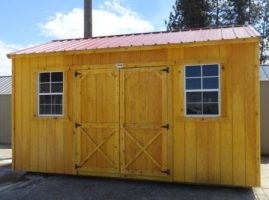 Old Hickory Sheds 10'x16' Side Utility Shed Stained Honey Gold with Metal Roof Front View