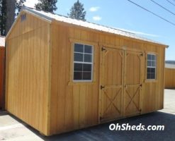 Old Hickory Sheds 10'x16' Side Utility Shed Stained Honey Gold with Burnished Slate Metal Roof Side View
