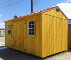 side-utility-shed-10x16-stained-honey-gold-metal-roof-side-view-1233-1