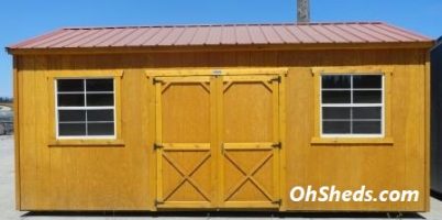 Old Hickory Sheds 10'x20' Side Utility Shed Stained Honey Gold with ed Metal Roof Front View