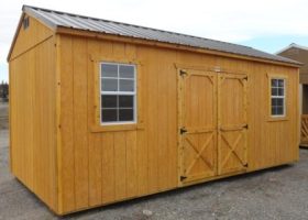 Old Hickory Sheds 10'x20' Side Utility Shed Stained Honey Gold with Metal Roof Side View