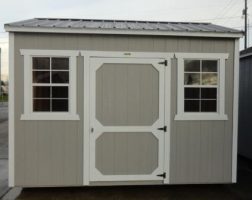 Old Hickory Sheds 8'x12' Side Utility Shed Painted Gap Gray with Metal Roof Front View