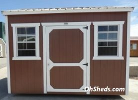 Old Hickory Sheds 8'x12' Side Utility Shed Painted Brown with Burnished Slate Metal Roof Front View