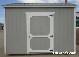 Old Hickory Sheds 8'x12' Side Utility Shed Painted Gap Gray with Charcoal Metal Roof Front View