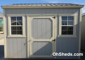 Old Hickory Sheds 8'x12' Side Utility Shed Painted Gray Shadow with Black Metal Roof Front View