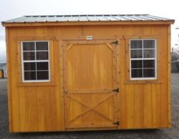 Old Hickory Sheds 8'x12' Side Utility Shed Stained Honey Gold with Metal Roof Front View