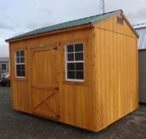 Old Hickory Sheds 8'x12' Side Utility Shed Stained Honey Gold with Metal Roof Side View