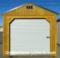 Old Hickory Sheds 10'x20' Utility Garage Stained Honey Gold with Hunter Green Metal Roof Front View