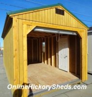 Old Hickory Sheds 10'x20' Utility Garage Stained Honey Gold with Hunter Green Metal Roof Rollup Door View