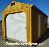 Old Hickory Sheds 10'x20' Utility Garage Stained Honey Gold with Hunter Green Metal Roof Side View