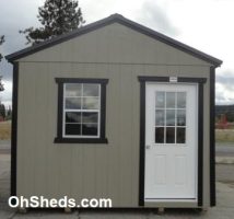 Old Hickory Sheds 12'x24' Utility Garage Painted Clay with Black Metal Roof Back Door View