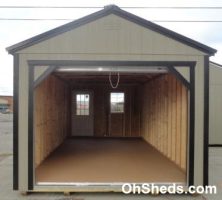 Old Hickory Sheds 12'x24' Utility Garage Painted Clay with Black Metal Roof Door Open View