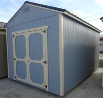 Old Hickory Sheds 10'x16' Utility Shed Painted Gray Shadow with Metal Roof Side View