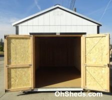 Old Hickory Sheds 10'x16' Utility Shed Painted Gap Gray with Metal Roof Door Open View